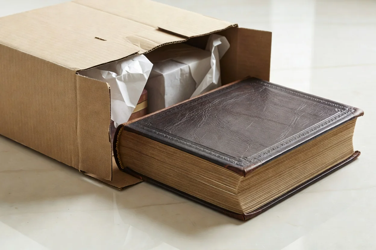 Livro de legislação ao lado de caixa de encomenda aberta